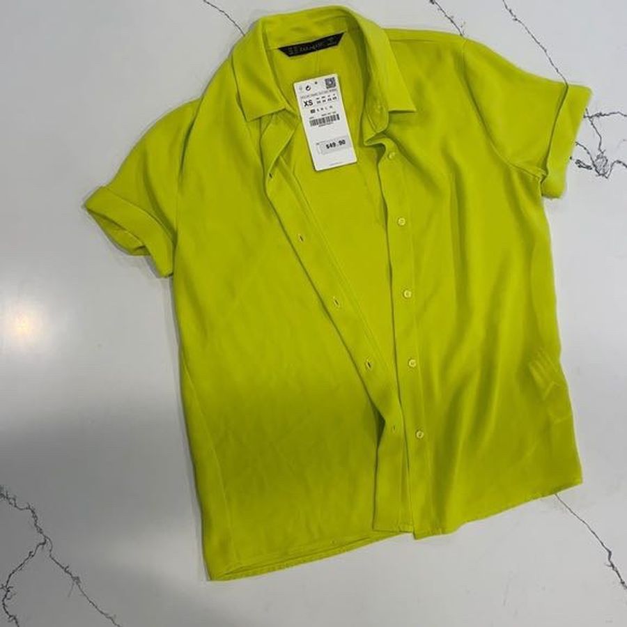Zara Basic 系列 芥末黃 螢光色 短袖 雪紡 襯衫-0