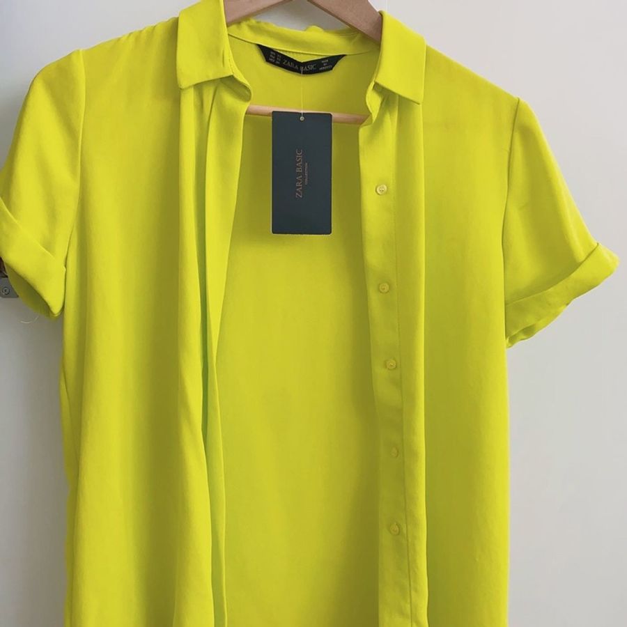 Zara Basic 系列 芥末黃 螢光色 短袖 雪紡 襯衫-1