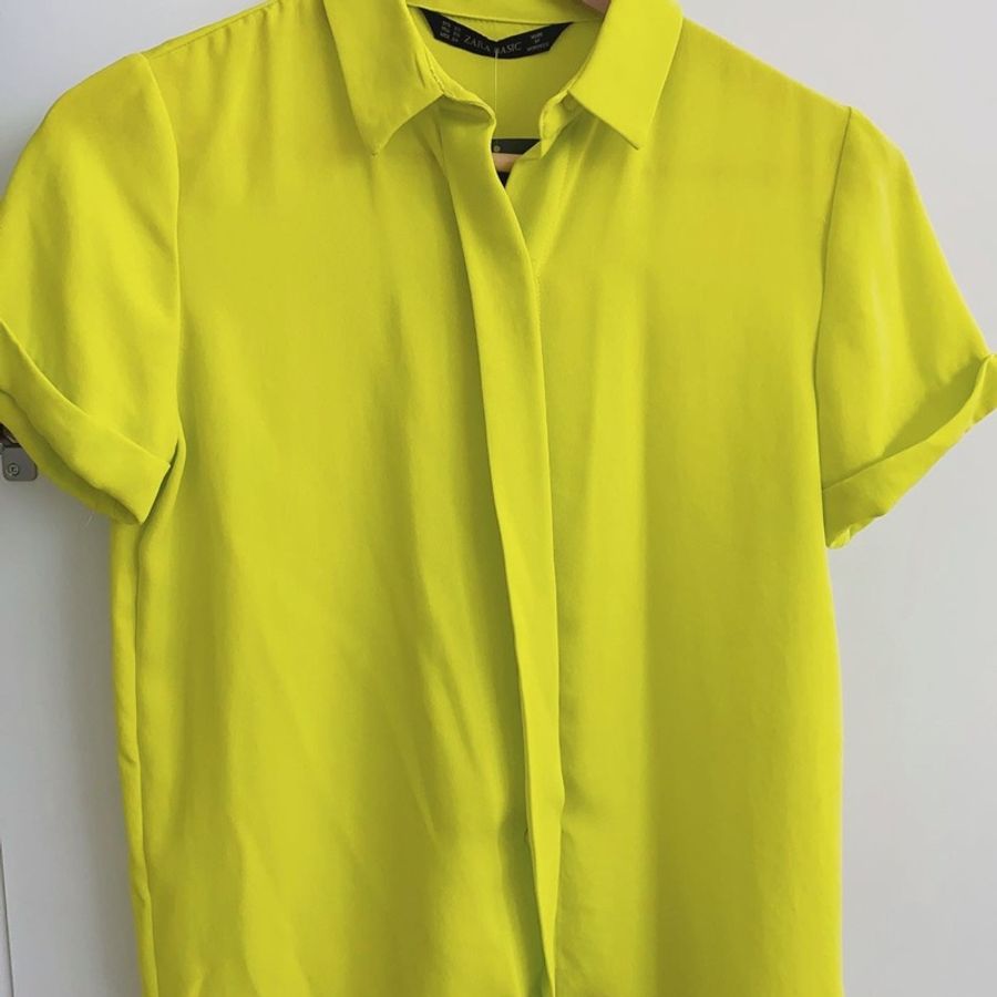 Zara Basic 系列 芥末黃 螢光色 短袖 雪紡 襯衫-2