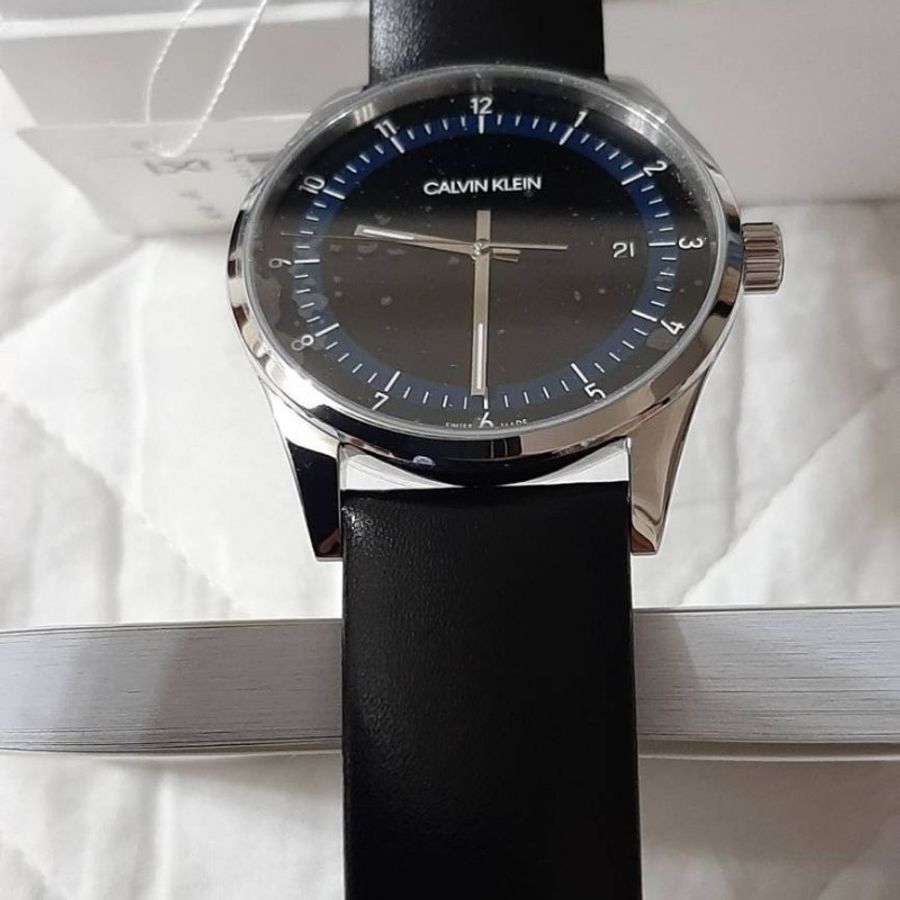瑞士製造正品CALVIN KLEIN 凱文克萊 黑色藍寶石水晶鏡面皮革手錶-2