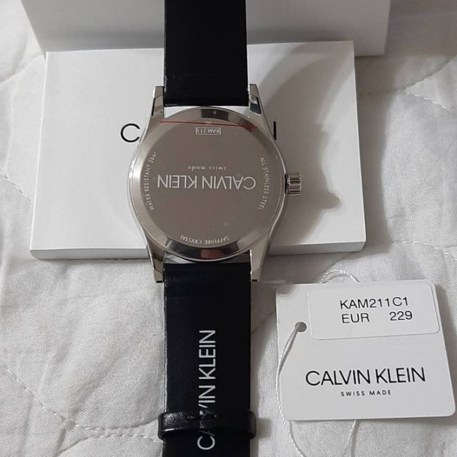 瑞士製造正品CALVIN KLEIN 凱文克萊 黑色藍寶石水晶鏡面皮革手錶-5
