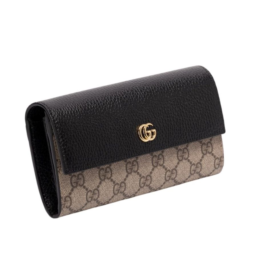 【GUCCI 古馳】GG Marmont Continental 雙G 掀蓋 皮夾 卡夾 長夾 米色 烏木色 黑色 456116-1