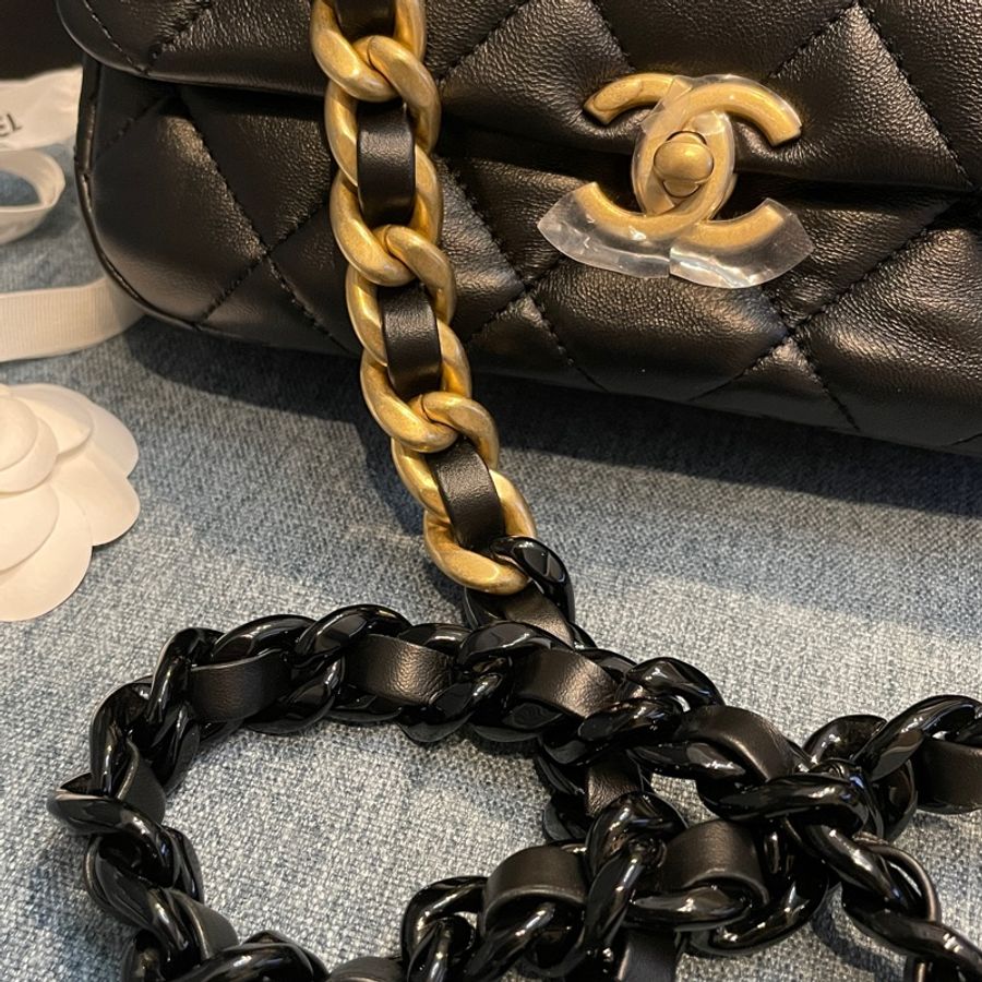 Chanel 22s 黑金粗鏈 口蓋包 方胖子 全新晶片款-4