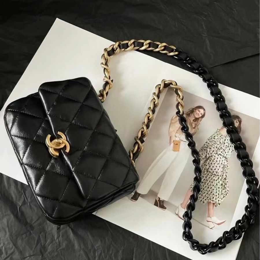Chanel 22s 黑金粗鏈 口蓋包 方胖子 全新晶片款-5