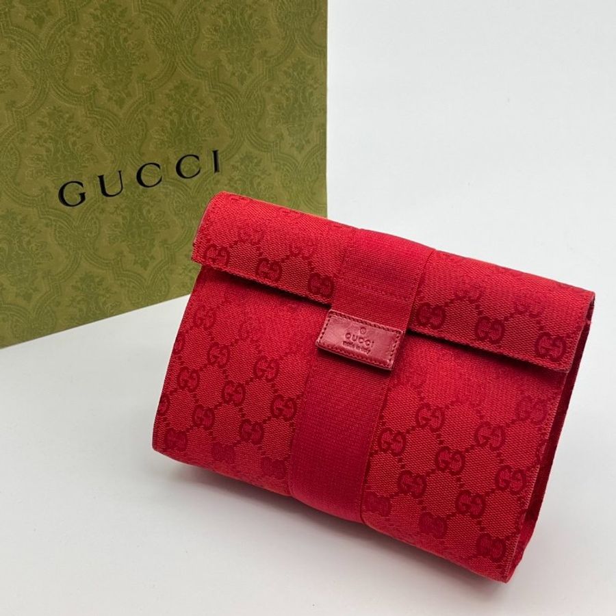 GUCCI 古馳 紅色 緹花布LOGO 手拿包/化粧包/腋下包/收納袋-0