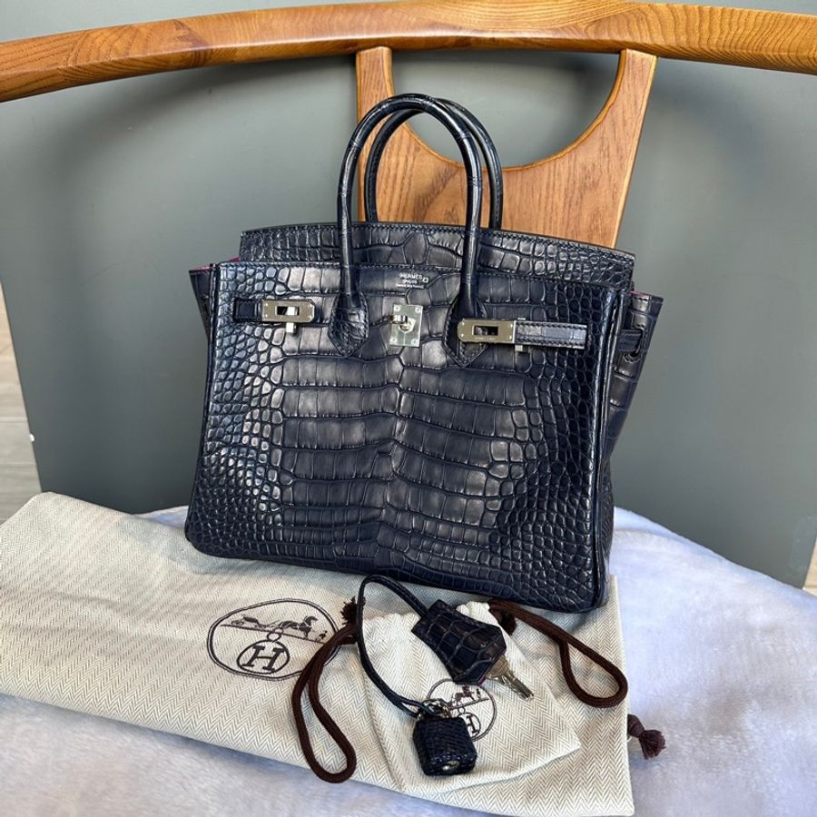 Hermes Birkin 25cm 銀釦鱷魚皮內拼色手提包(深藍色/天方夜譚紫)-0