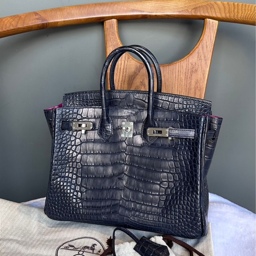 Hermes Birkin 25cm 銀釦鱷魚皮內拼色手提包(深藍色/天方夜譚紫)-1