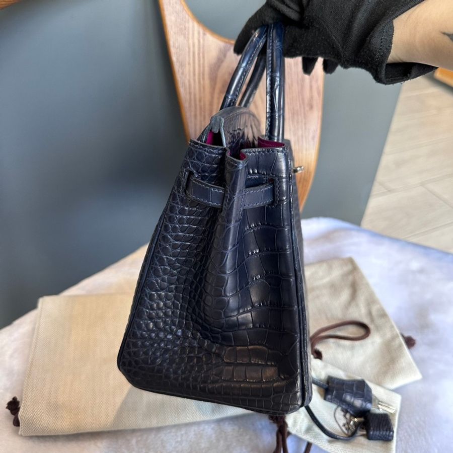 Hermes Birkin 25cm 銀釦鱷魚皮內拼色手提包(深藍色/天方夜譚紫)-3