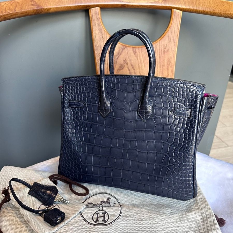 Hermes Birkin 25cm 銀釦鱷魚皮內拼色手提包(深藍色/天方夜譚紫)-4