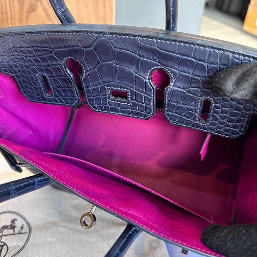 Hermes Birkin 25cm 銀釦鱷魚皮內拼色手提包(深藍色/天方夜譚紫)-7