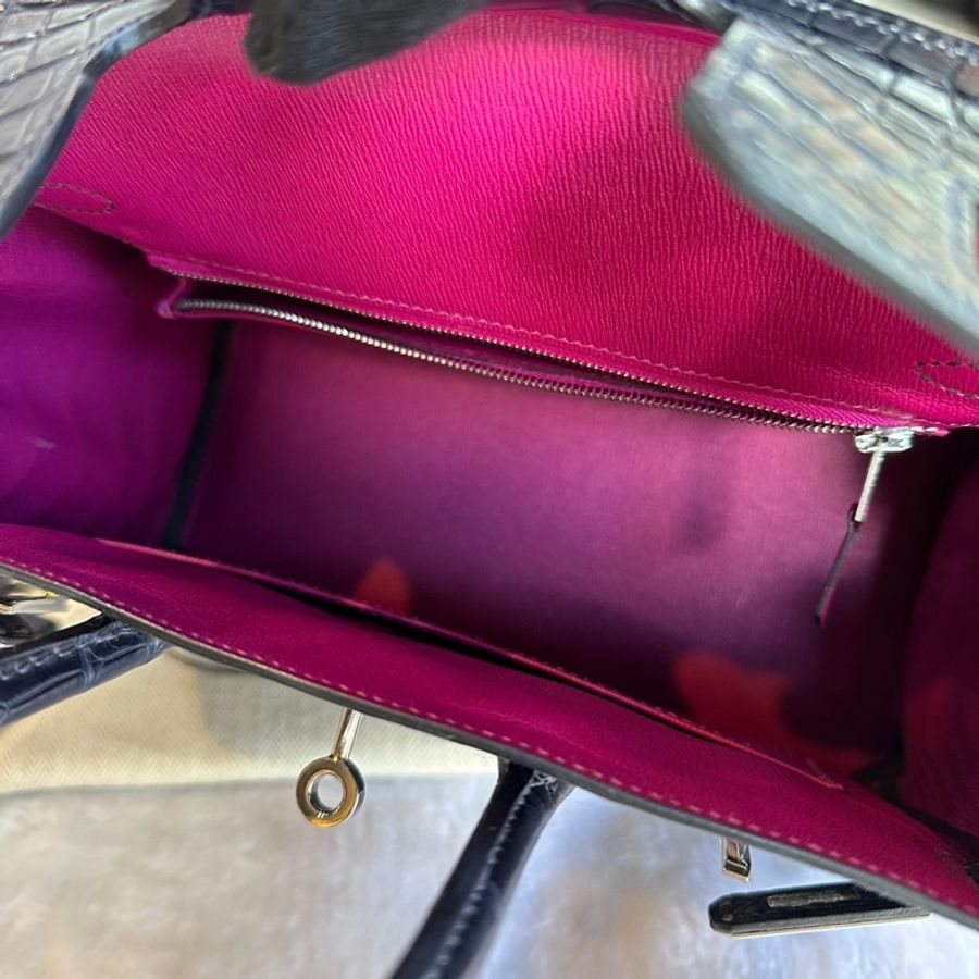 Hermes Birkin 25cm 銀釦鱷魚皮內拼色手提包(深藍色/天方夜譚紫)-8