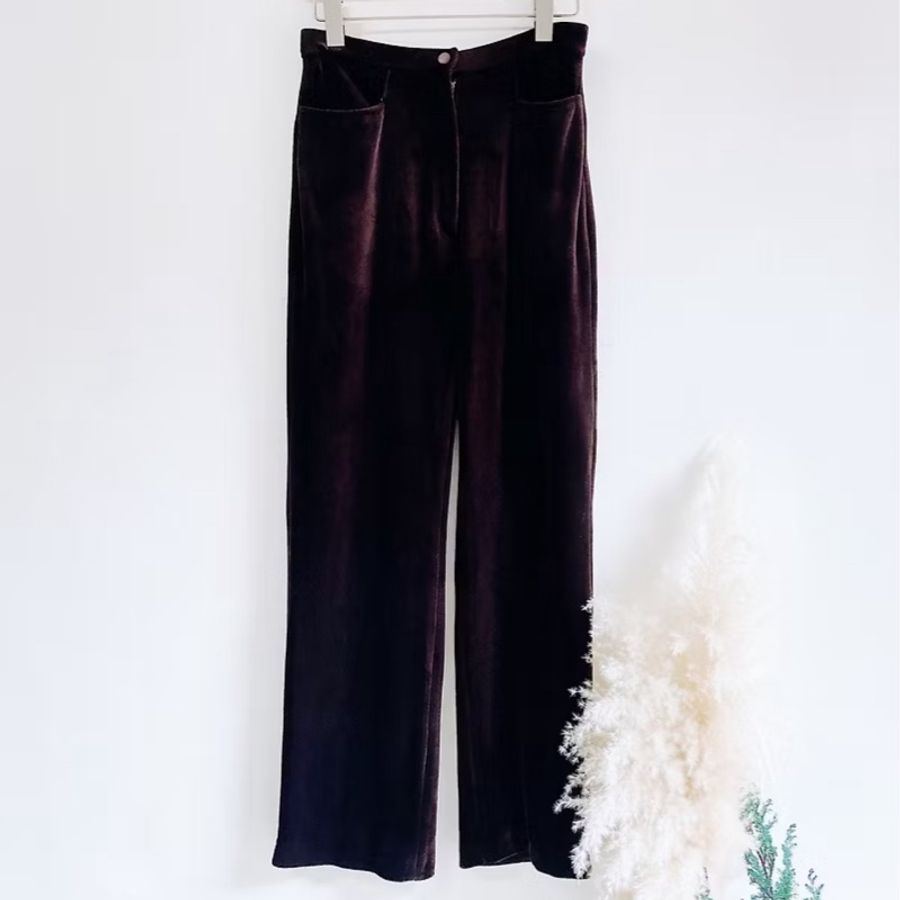 咖茶褐華麗金屬光澤 古董古著金絲絨長褲直 a### pants vintage-0