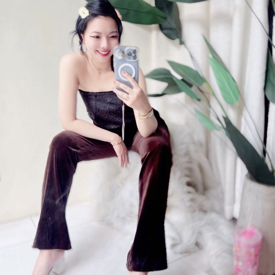咖茶褐華麗金屬光澤 古董古著金絲絨長褲直 a### pants vintage-5