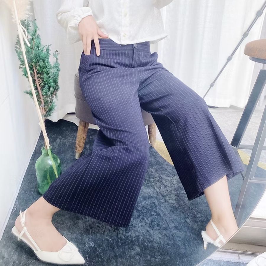 深海藍直線細條紋俏皮女孩古著棉料薄料長褲寬褲 pants vintage-0