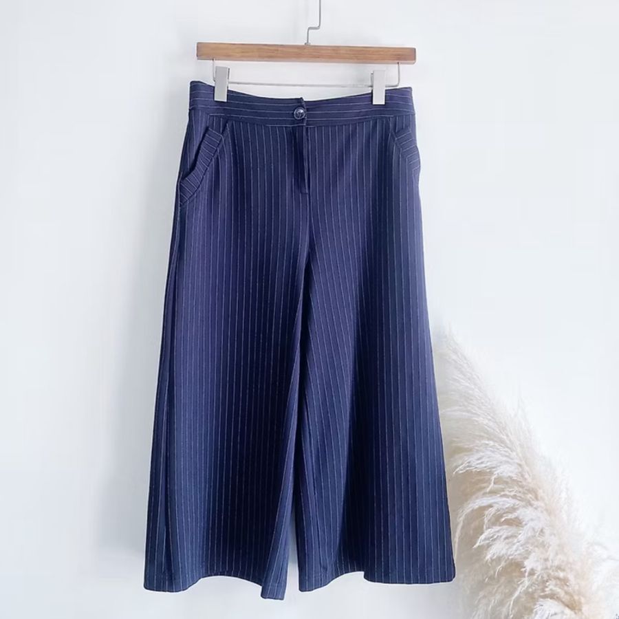 深海藍直線細條紋俏皮女孩古著棉料薄料長褲寬褲 pants vintage-8