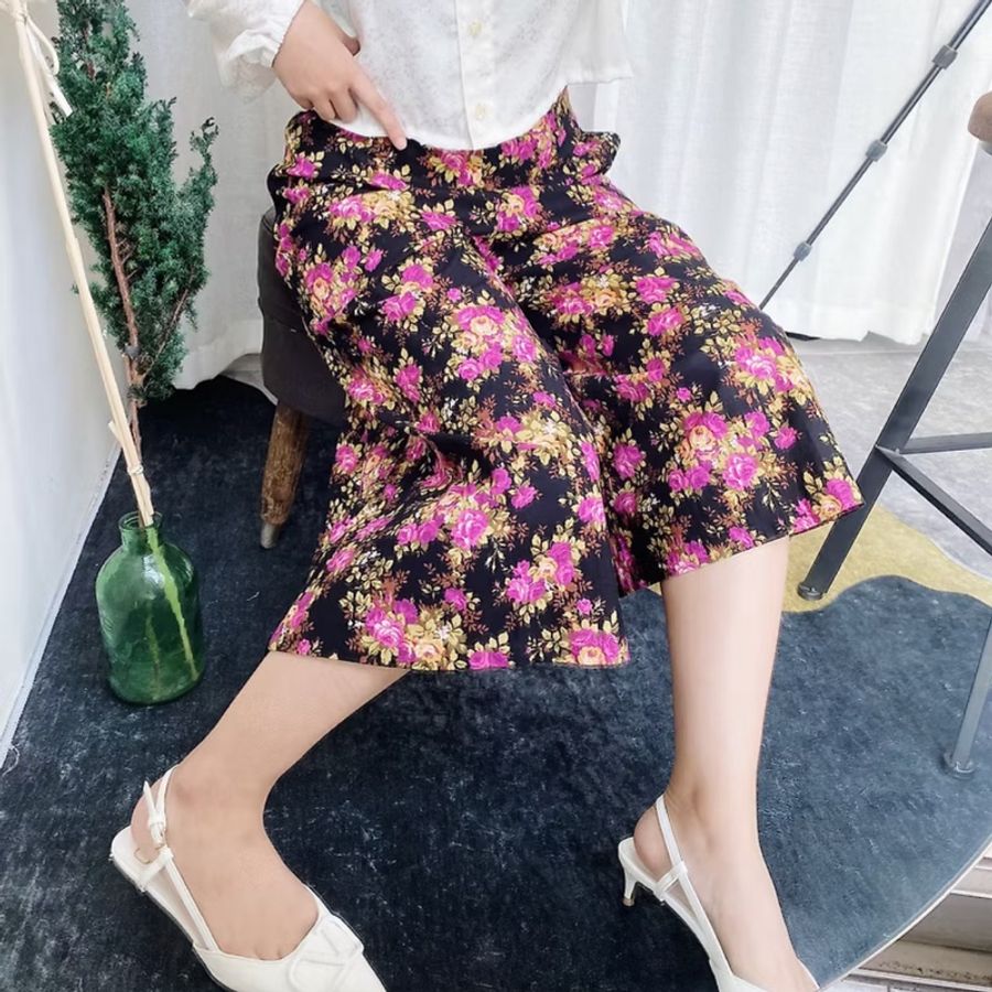 黑底桃粉艷色挺布優雅碎花 古著棉麻薄料長褲寬褲 pants vintage-0