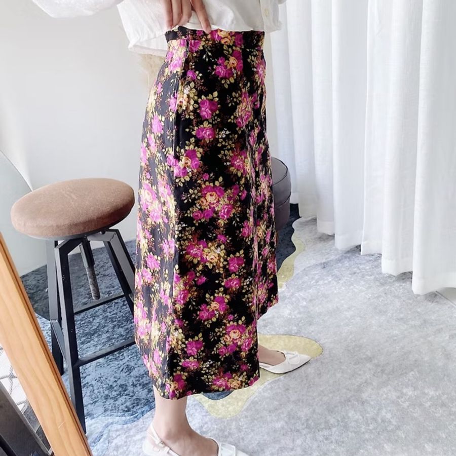 黑底桃粉艷色挺布優雅碎花 古著棉麻薄料長褲寬褲 pants vintage-3
