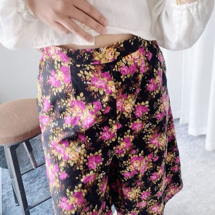 黑底桃粉艷色挺布優雅碎花 古著棉麻薄料長褲寬褲 pants vintage-5