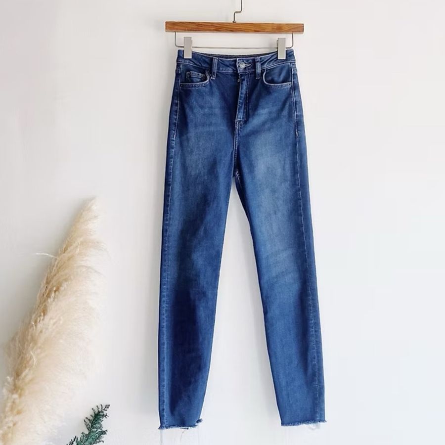 W24 灰藍下擺抽鬚經典素面刷色 牛仔棉質長褲鉛筆褲 pants vintage-0