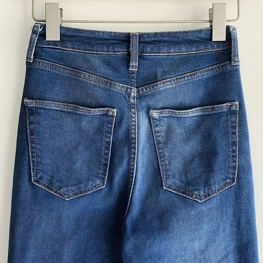 W24 灰藍下擺抽鬚經典素面刷色 牛仔棉質長褲鉛筆褲 pants vintage-6