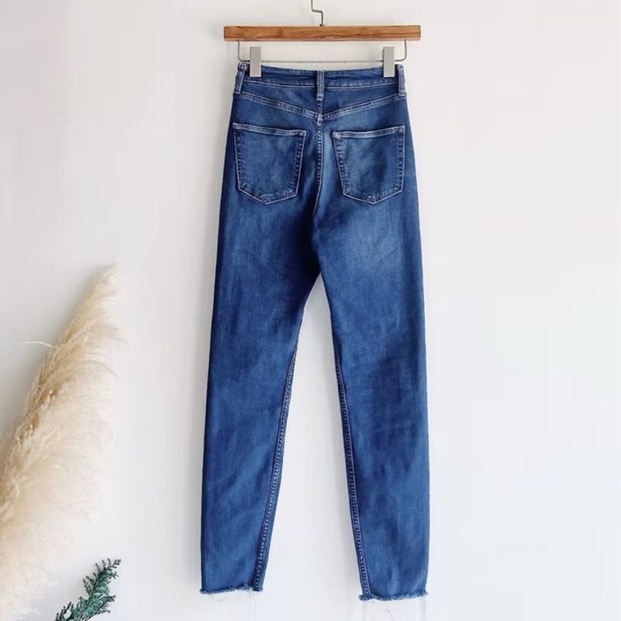 W24 灰藍下擺抽鬚經典素面刷色 牛仔棉質長褲鉛筆褲 pants vintage-8
