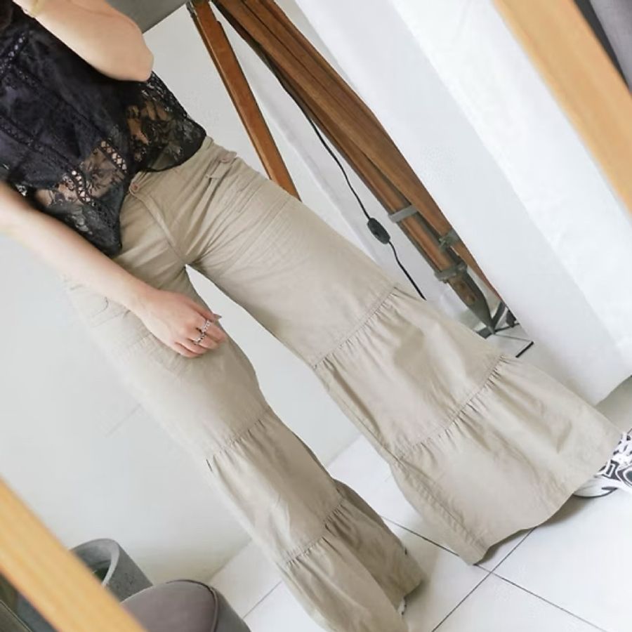 卡其大A字寬寬拼接花瓣褲管 古董棉質薄料長褲寬褲 pants vintage-5