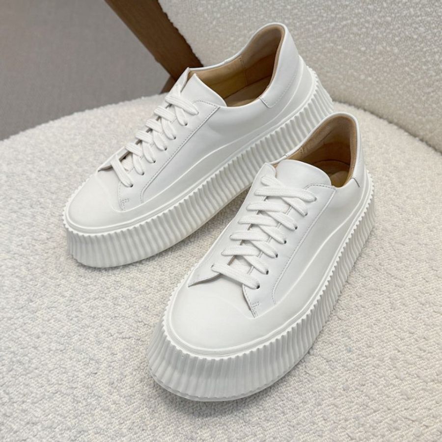 🎁夏季折扣倒數🎁Jil Sander 女款帆布厚底餅乾鞋 增高4.5公分白色 IT37/38/39 建議購買小一號-3