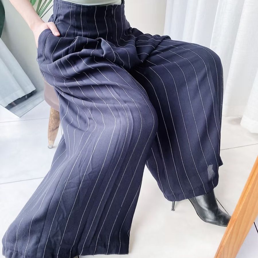 深海藍悠揚直紋打摺經典時光 古著紡紗長褲寬褲 pants vintage-6