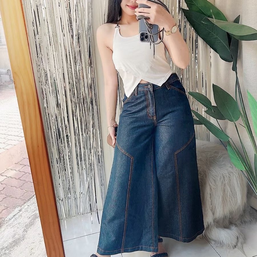 黑藍光澤性格挺版車縫線 古著牛仔棉質長褲寬褲 pants vintage-1
