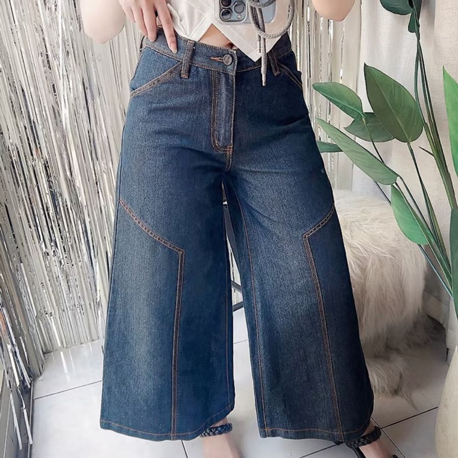 黑藍光澤性格挺版車縫線 古著牛仔棉質長褲寬褲 pants vintage-2