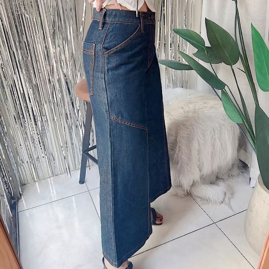黑藍光澤性格挺版車縫線 古著牛仔棉質長褲寬褲 pants vintage-3