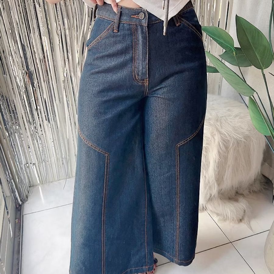 黑藍光澤性格挺版車縫線 古著牛仔棉質長褲寬褲 pants vintage-5