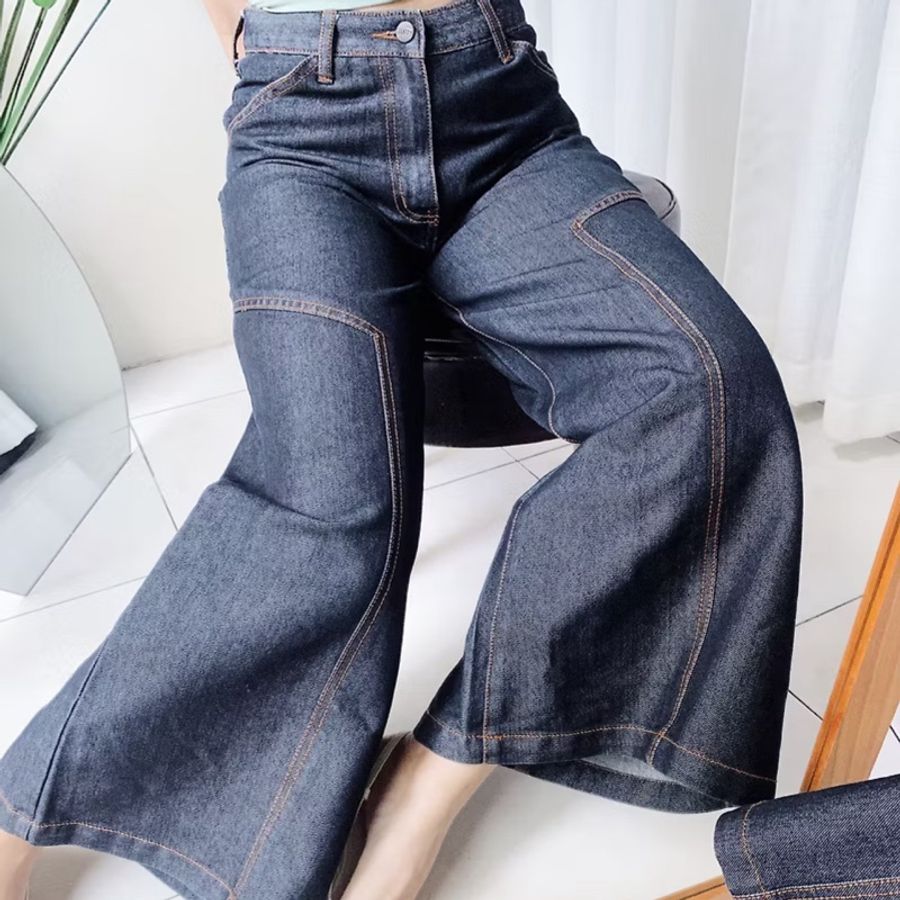 黑藍光澤性格挺版車縫線 古著牛仔棉質長褲寬褲 pants vintage-6
