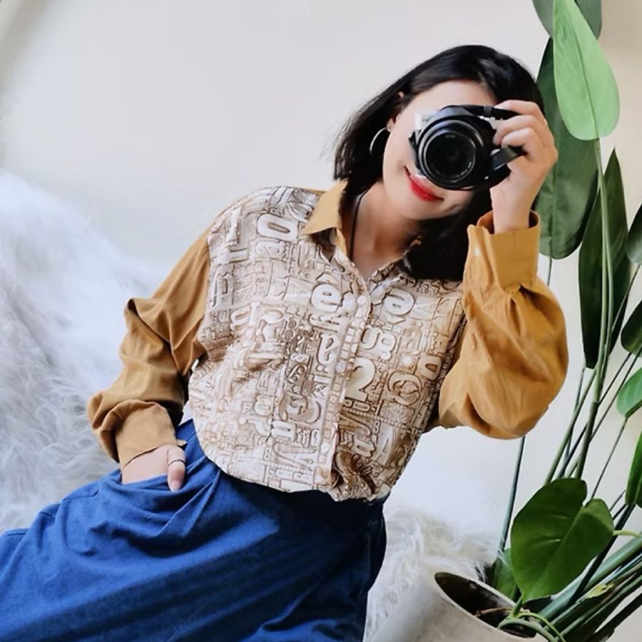 土黃神秘羅馬隱密數字 古董襯衫罩衫上衣 shirt oversize vintage-4