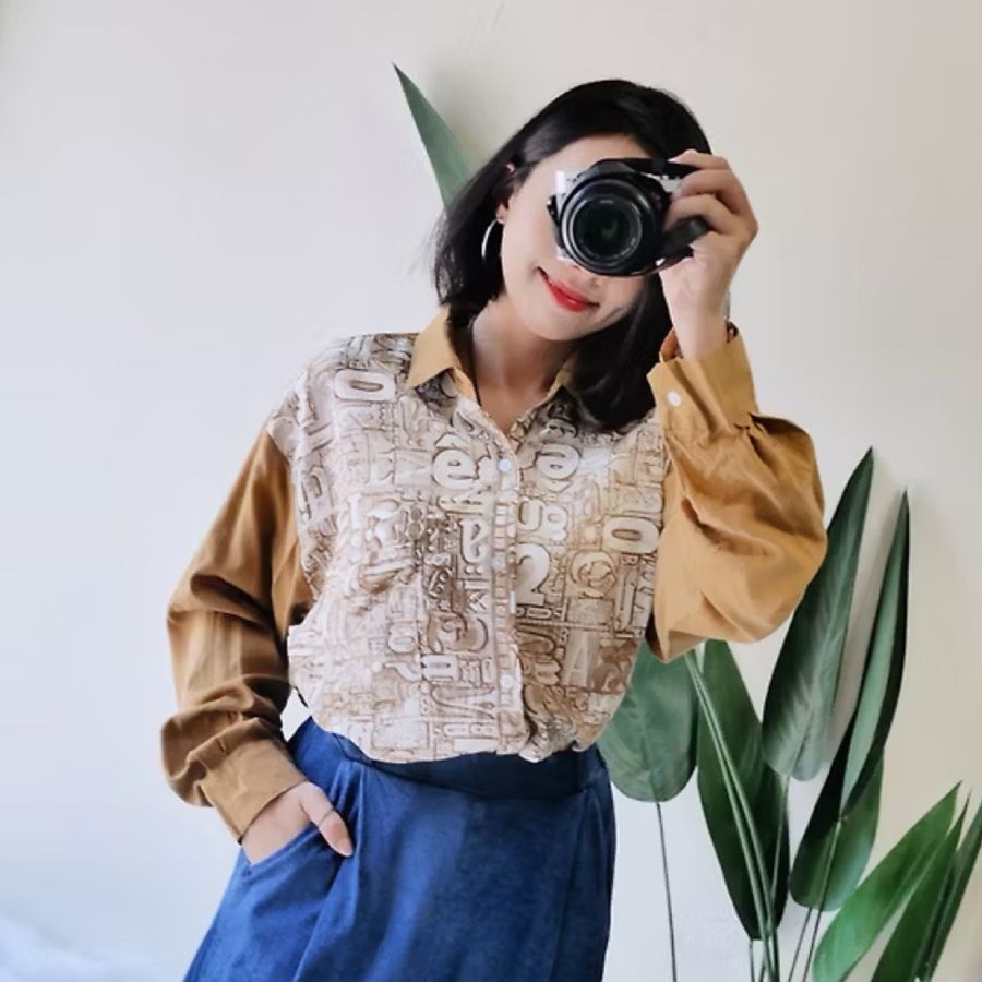 土黃神秘羅馬隱密數字 古董襯衫罩衫上衣 shirt oversize vintage-8