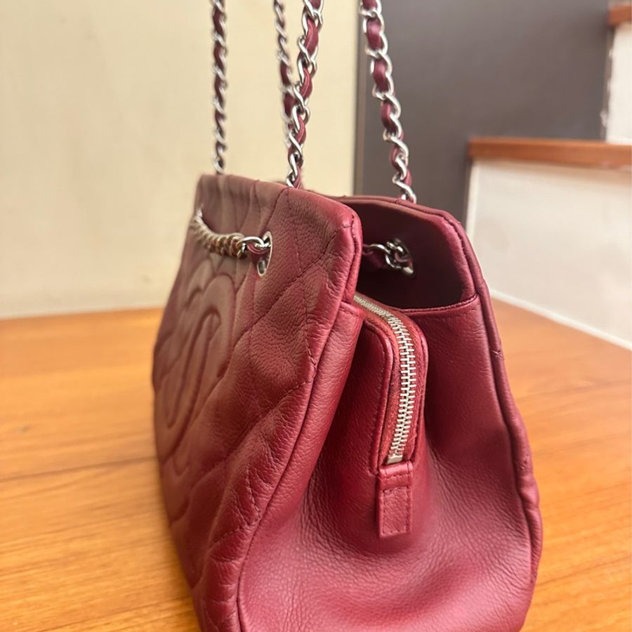 CHANEL 酒紅荔枝雙層銀聯肩背包-1
