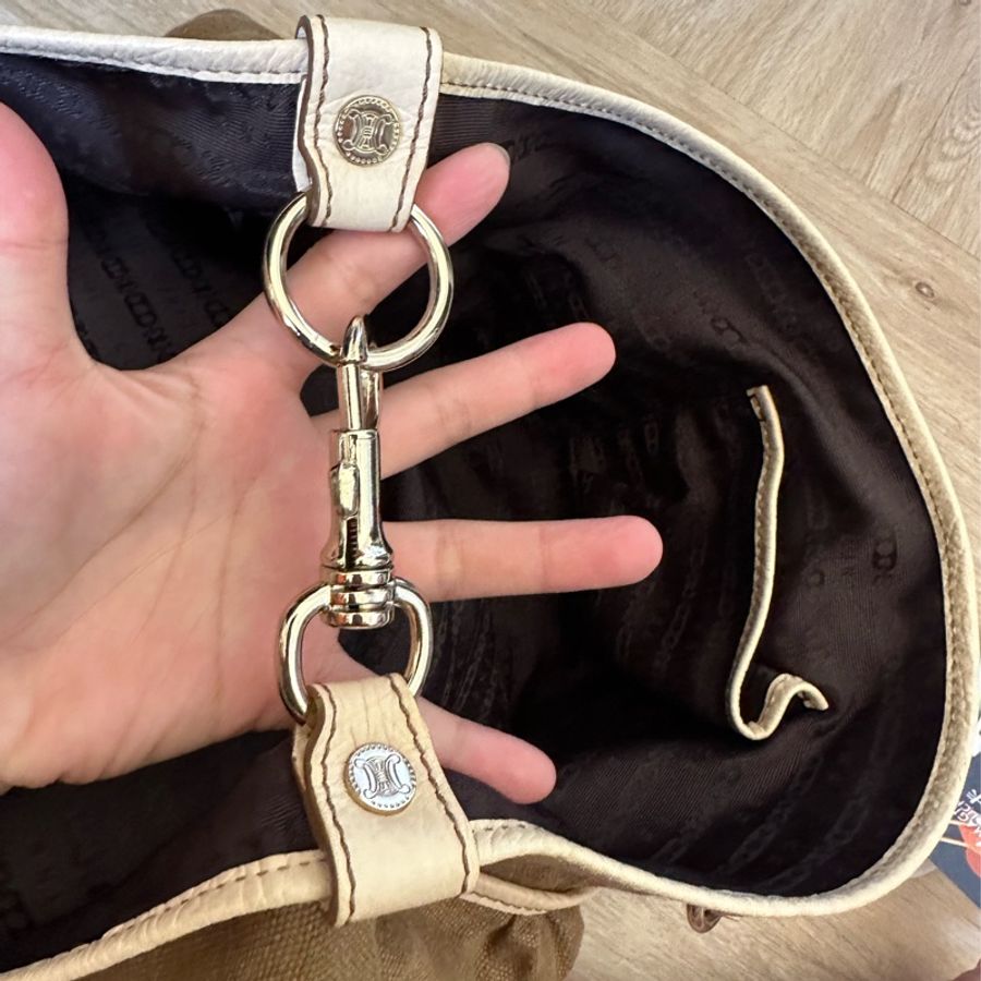 Celine凱旋門流蘇皮革拼帆布肩背帶-15