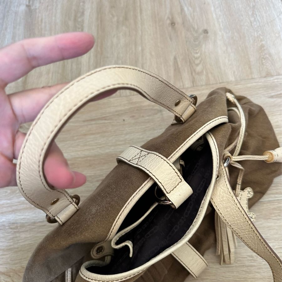 Celine凱旋門流蘇皮革拼帆布肩背帶-18