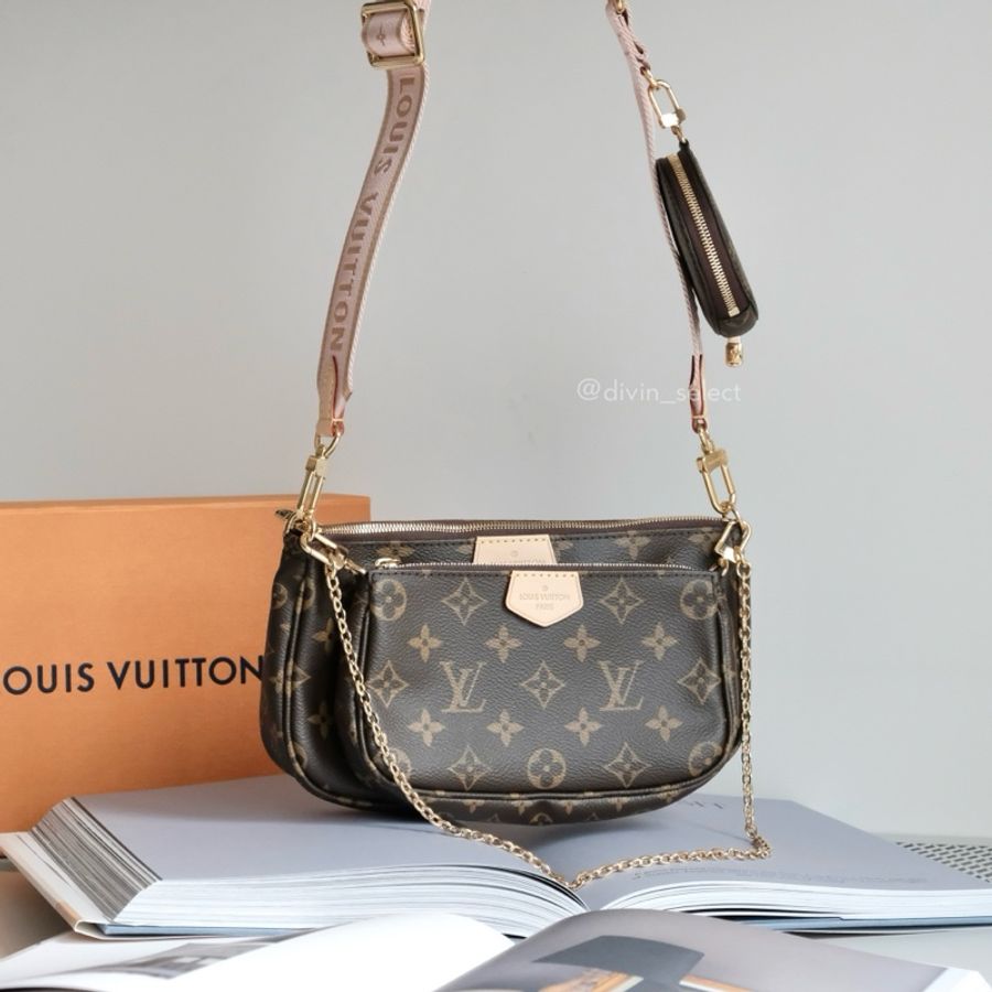 Louis Vuitton Multi pochette accessoires LV 粉色 寬背帶老花五合一-0