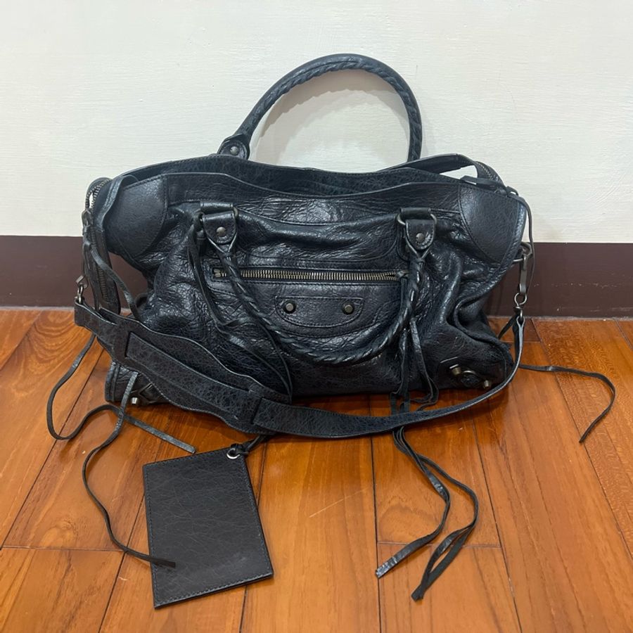 BALENCIAGA 巴黎世家機車包中款經典黑 古銅扣-0