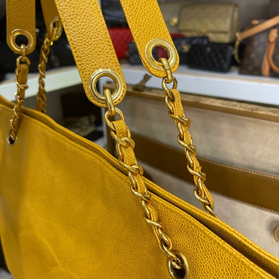 Chanel vintage 金黃色大款托特雙鍊包/畫板包💛個性包款-14