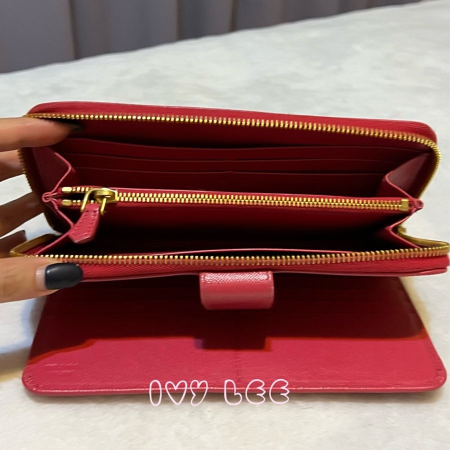 PRADA 1M1348 桃紅長夾 Saffiano金屬拉鍊 長夾  二手精品-3