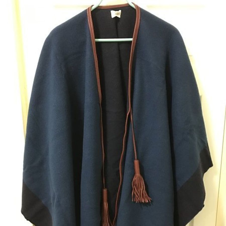 Hermès 愛馬仕 Cashmere Poncho 喀什米爾披風 斗篷 披肩 Sellier 深藍皮革流蘇-0