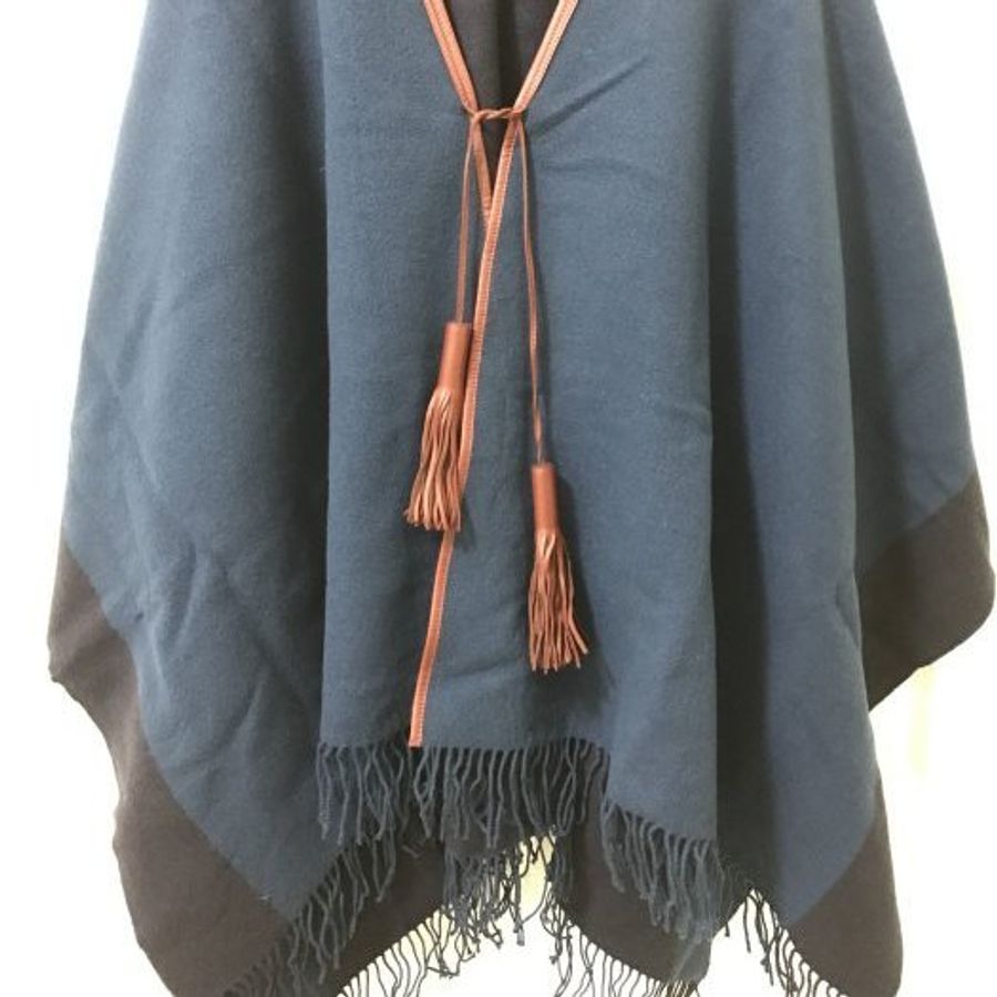 Hermès 愛馬仕 Cashmere Poncho 喀什米爾披風 斗篷 披肩 Sellier 深藍皮革流蘇-1