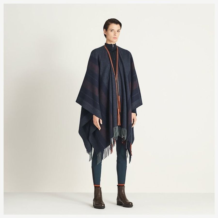 Hermès 愛馬仕 Cashmere Poncho 喀什米爾披風 斗篷 披肩 Sellier 深藍皮革流蘇-3