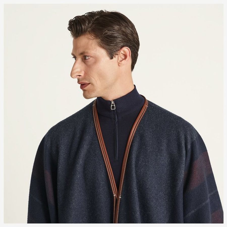 Hermès 愛馬仕 Cashmere Poncho 喀什米爾披風 斗篷 披肩 Sellier 深藍皮革流蘇-5