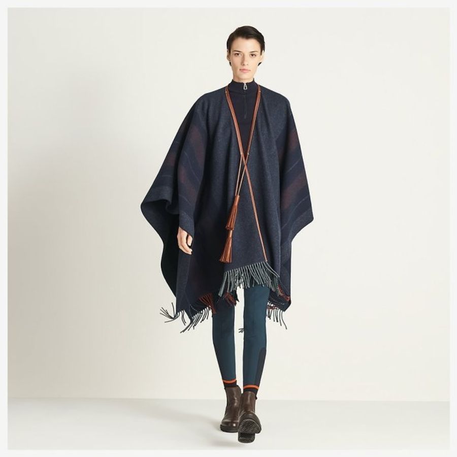 Hermès 愛馬仕 Cashmere Poncho 喀什米爾披風 斗篷 披肩 Sellier 深藍皮革流蘇-6