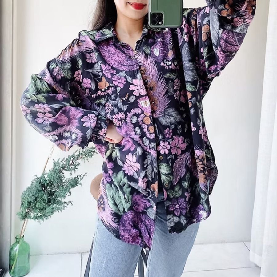 黑桃紫渲染花卉秋季時節 古著翻領純絲襯衫上衣 vintage Shirt-6
