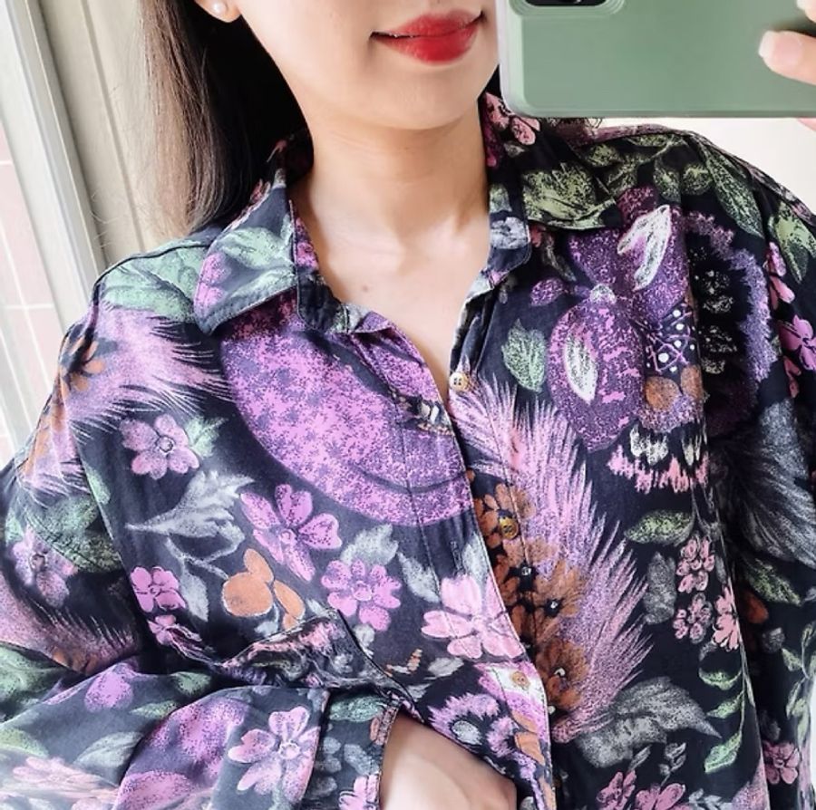 黑桃紫渲染花卉秋季時節 古著翻領純絲襯衫上衣 vintage Shirt-7