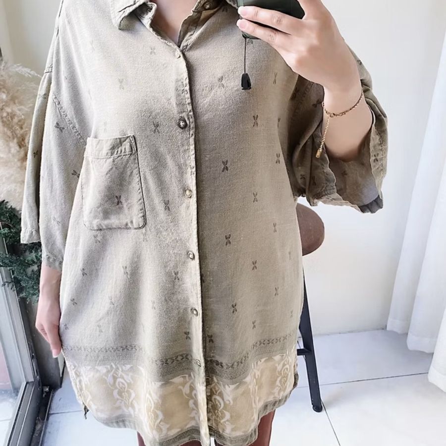 拿鐵燕麥花點圖古著麻混絲質夏威夷襯衫 上衣 vintage Aloha Shirt-1